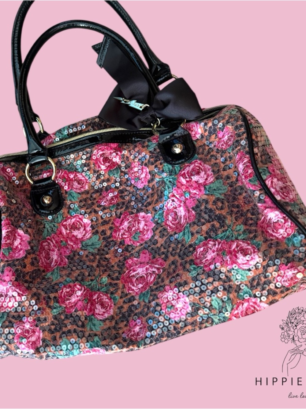 Betsey Johnson Floral Leopard Satchel, Sequin Accent - Picture 5 of 6